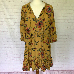 Knox Rose Golden Yellow Floral Boho Midi Dress with Pockets - Size Medium